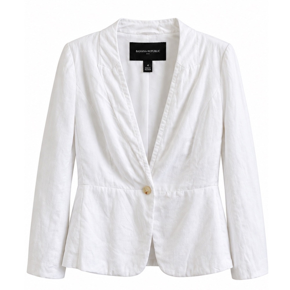Banana Republic White 100% Linen Peplum Blazer Jacket Size 4 Single Button